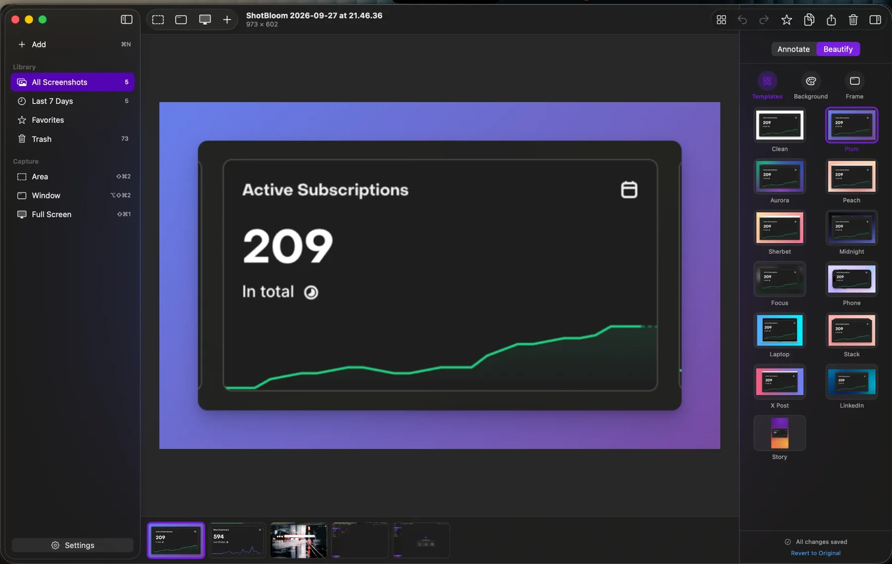 The ShotBloom editor on a Mac, showing a screenshot on a purple gradient background