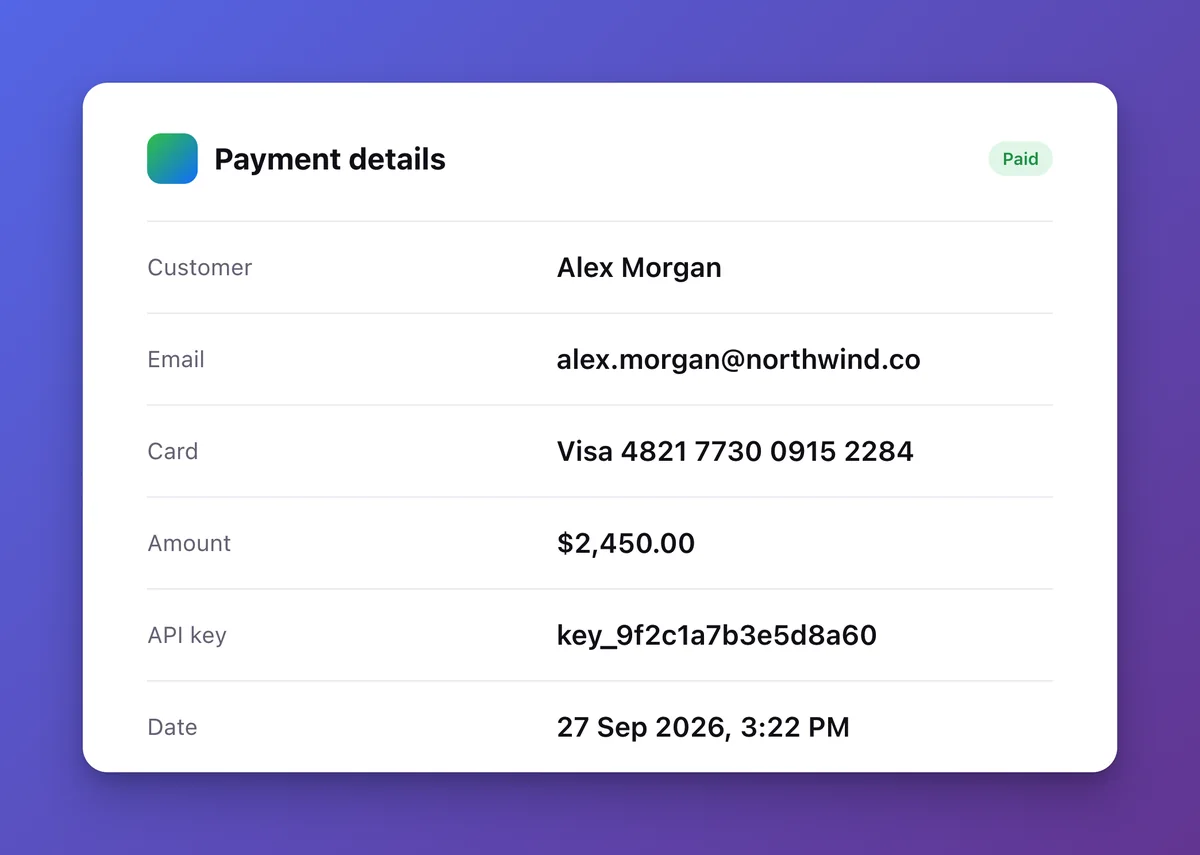A payment screenshot showing a customer's email, card number and API key