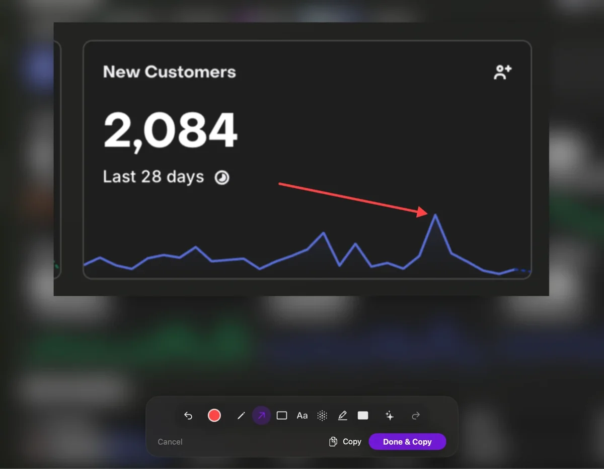 ShotBloom quick editor with an arrow pointing at a spike in a chart